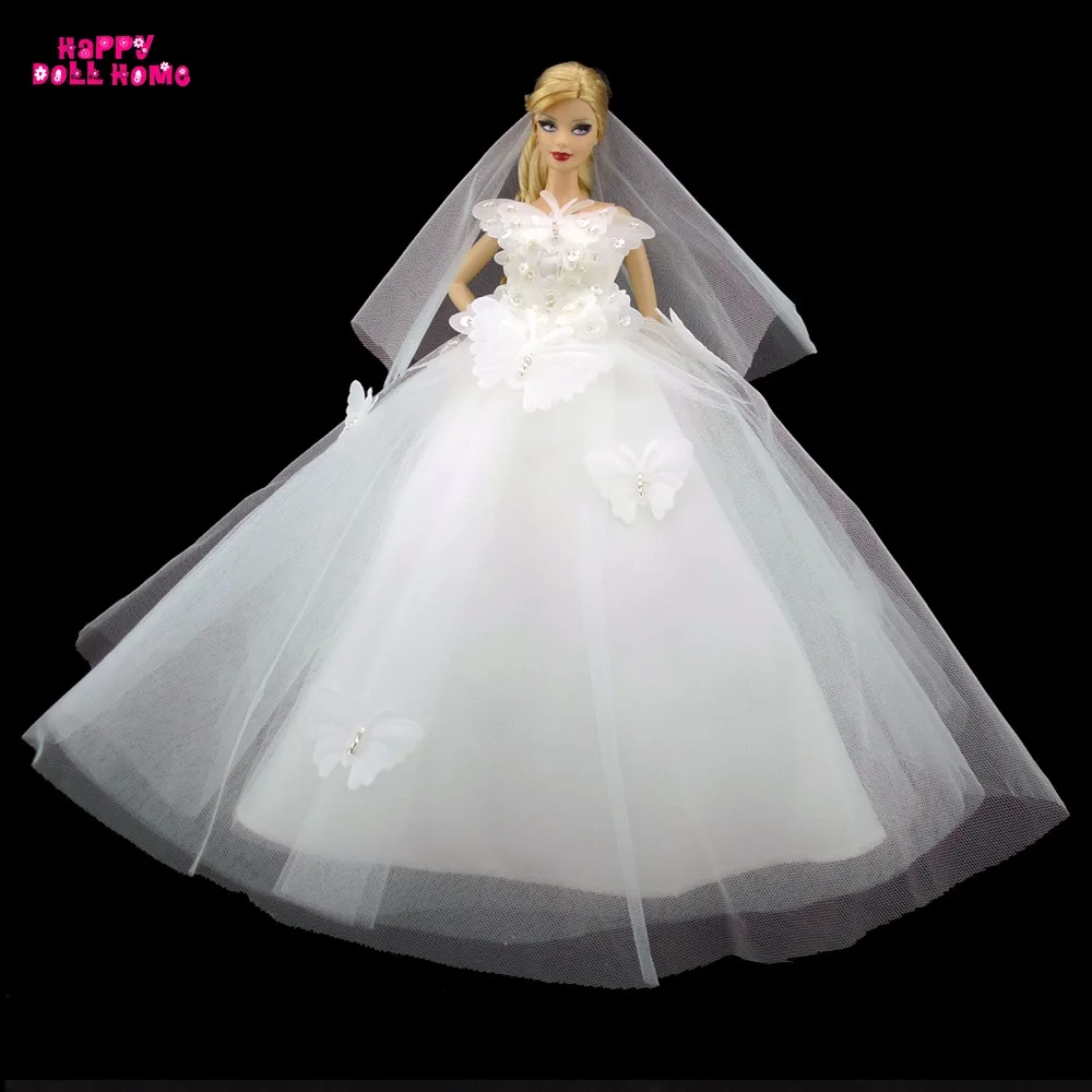 

Handmade Clothes Pure White Wedding Dress With Butterfly Bridal Veil Dinner Party Costume Princess Gown For Barbie Doll FR Doll