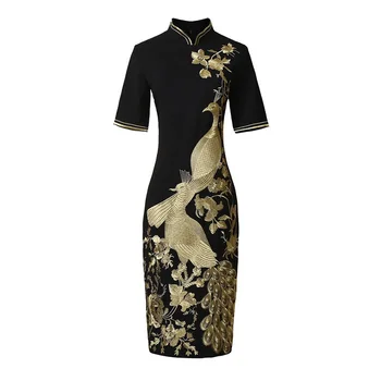 

New Women Peacock Embroidery Dress Fashion Sheath Mandarin Collar Black Dresses 4184