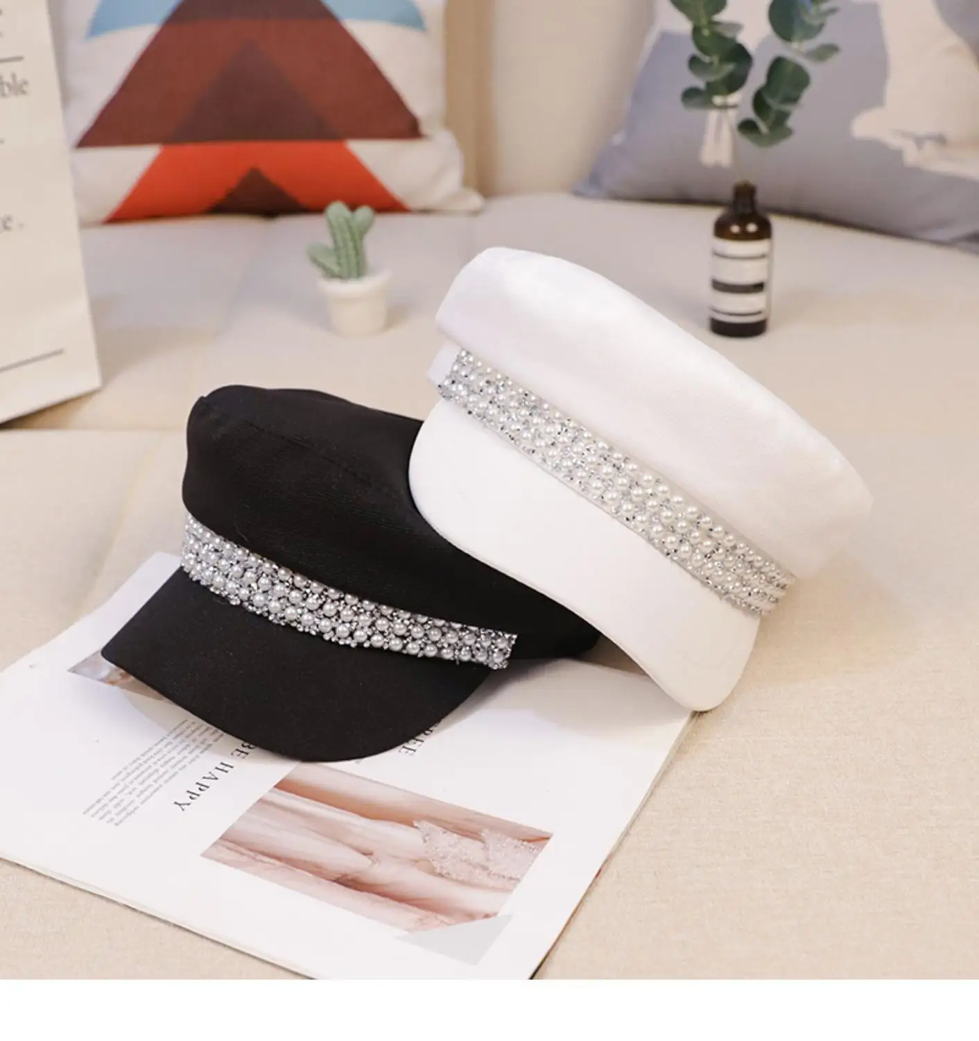 

New Fashion Pearl Military Hat spring Summer Sailor Hat For Women Men Outdoor Sun Visor Hat Women's Beret Hat boina