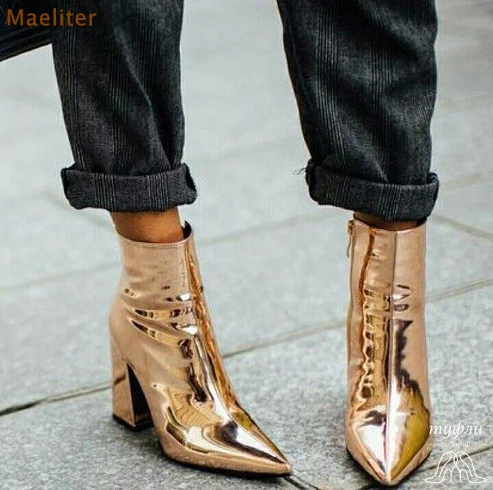 Здесь продается  Hot Selling Women Chunky Heel Dress Boots Gold Patent Leather Pointed Toe Motorcycle Boots Pointed Toe Concise Riding Boots   Обувь