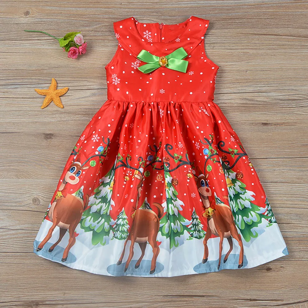 

2018 toddler girl tops Toddler Baby Girls Sleeveless Bow Santa Deer Print Kids Clothes Princess Dress christmas clothes