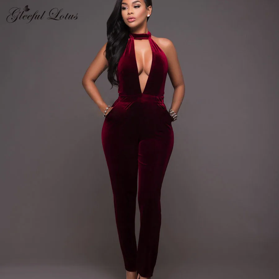 Velvet Jumpsuit Sexy Deep V Neck Romper Elegant Jumpsuit Summer Long