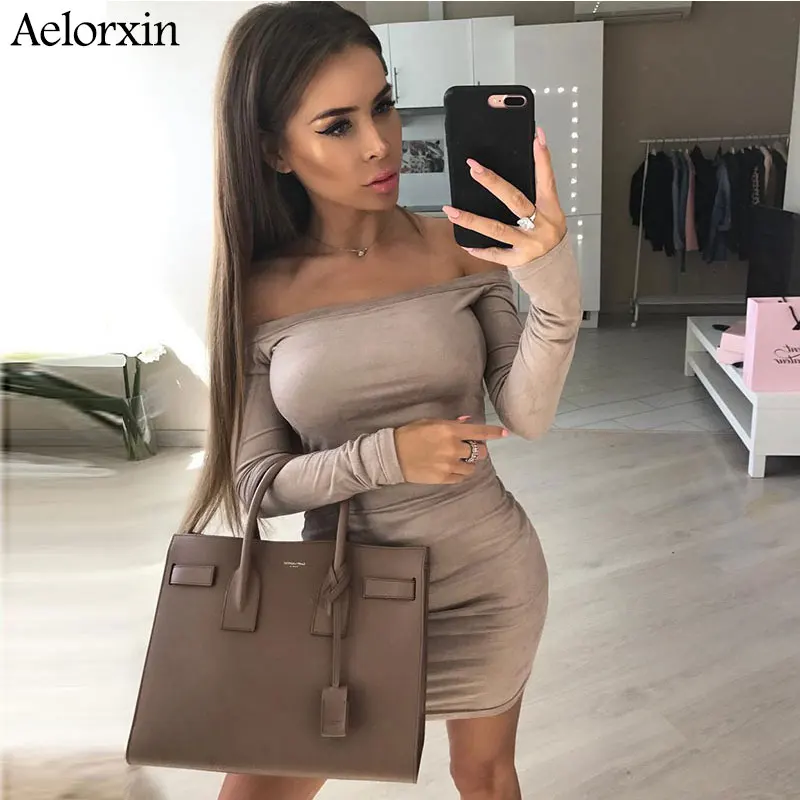Женское Замшевое платье Aelorxin с длинным рукавом и открытыми плечами Осень зима 2019