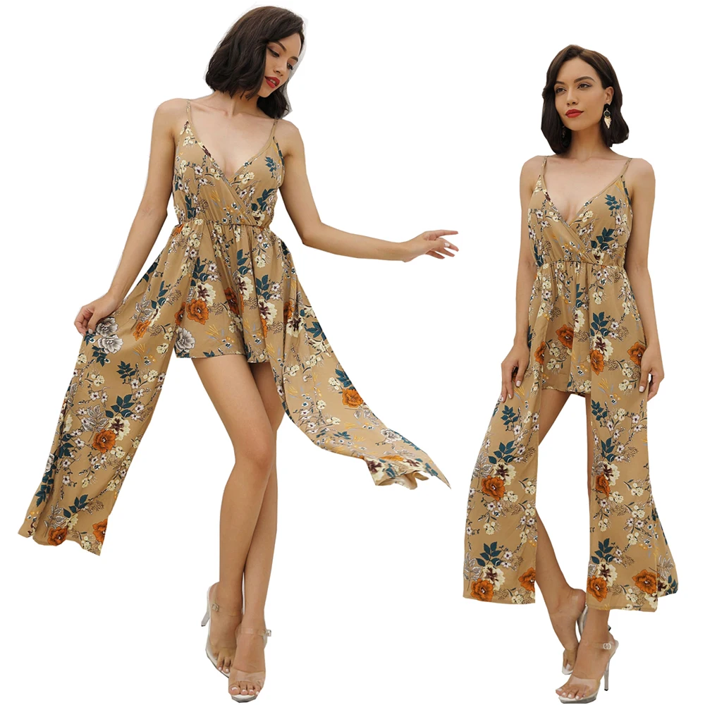 

2019 Spaghetti Strap Floral Printed Boho Sexy Summer Playsuit Beach Shorts Jumpsuit Romper Overalls for Women Maxi Rompers New