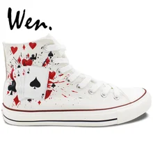 Вэнь Ручная Роспись Обуви дизайн заказной покерный кости граффити Живопись белые парусиновые кроссовки высокие шнуровка спортивные плимсоллы