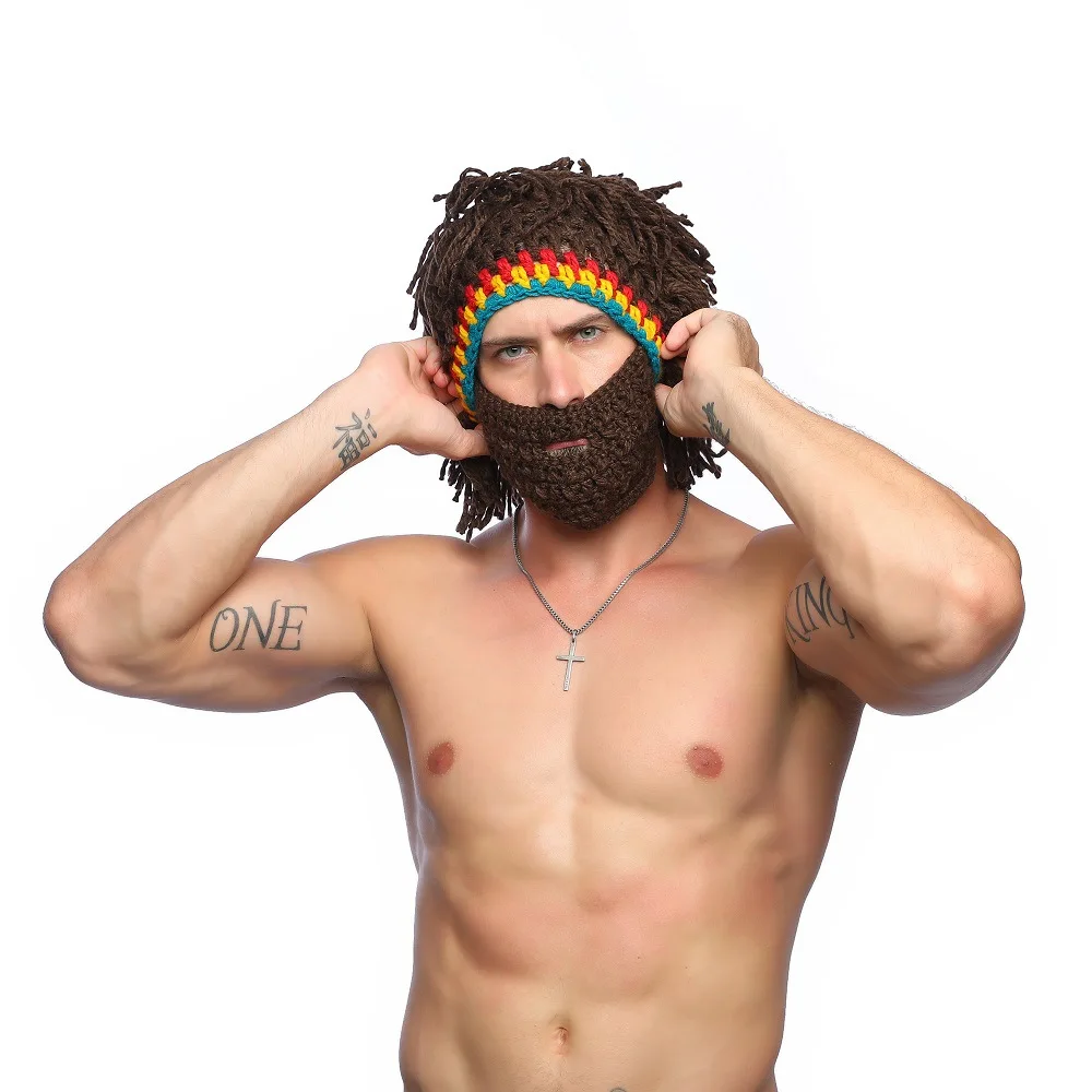 Wig Beard Hat  Caveman Bandana Handmade Crocheted Winter Men's Halloween Costume Funny Birthday Gifts