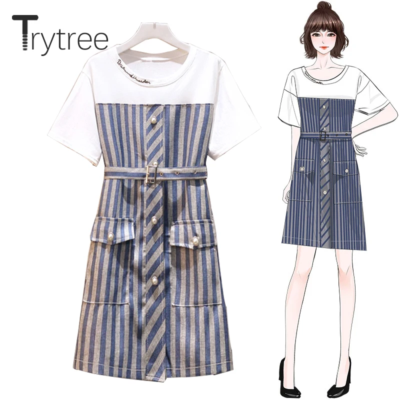 

Trytree Summer Dress Women Casual O-Neck A-line Cotton tShirt Patchwork Striped Polyester Dress Belt Pockets Office Lady dress