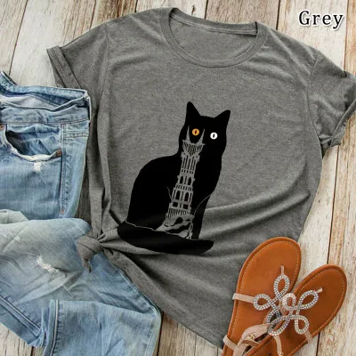 dark gray S-5XL, женская футболка, плюс размер, летняя, хлопок, короткий рукав, принт, футболки, милый кот, разноцветные, harajuku, свободные, базовые футболки, топы - Цвет: dark gray