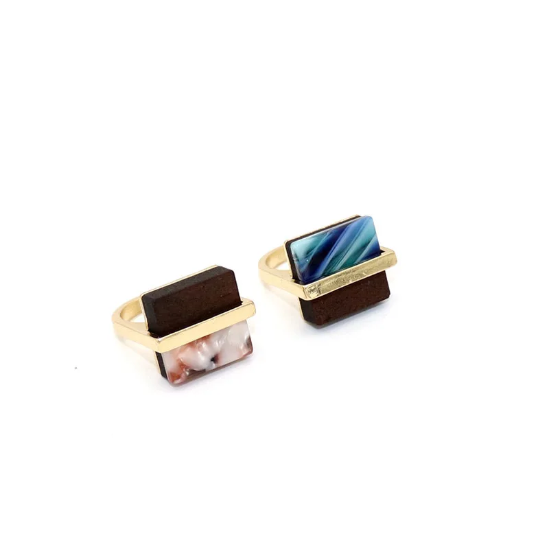 

New Black Wood Acetate Plate Shell Pattern Charms Rings Gold Color Personality Finger Ring Jewelry Women