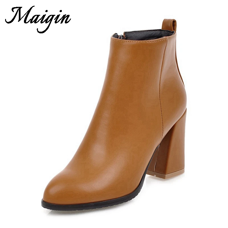Maigin High Heels Ankle Boots Women 2018 Pointed Toe Block Heels Botas Autumn Soft Leather Footwear Big Size 34-43 Ladies Shoes