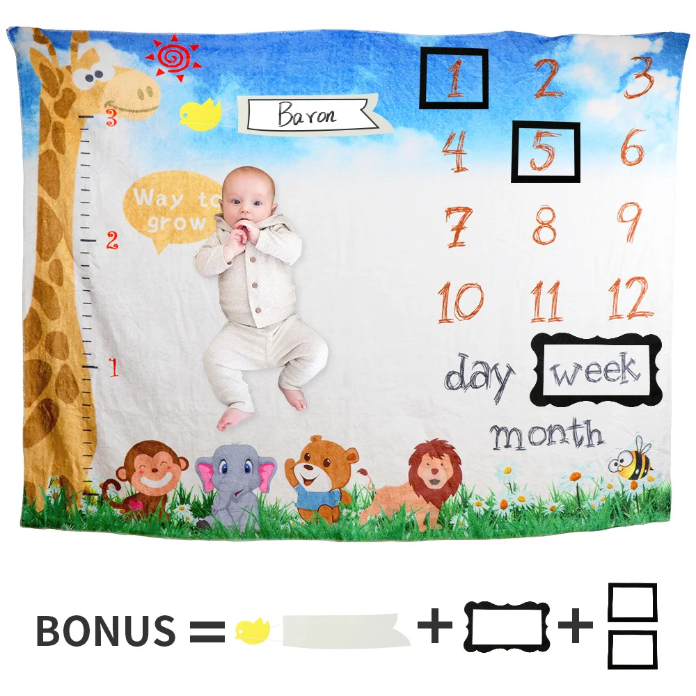 

OHEART Baby Monthly Milestone Blanket Boy Girl Jungle Animals Memory Blanket for Newborns Plush Fleece Baby Photography Backdrop