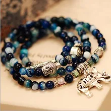S323 ágata natural de cristal pulsera de moda femenina de la vendimia de múltiples capas azul turmalina pulsera cabeza de buda