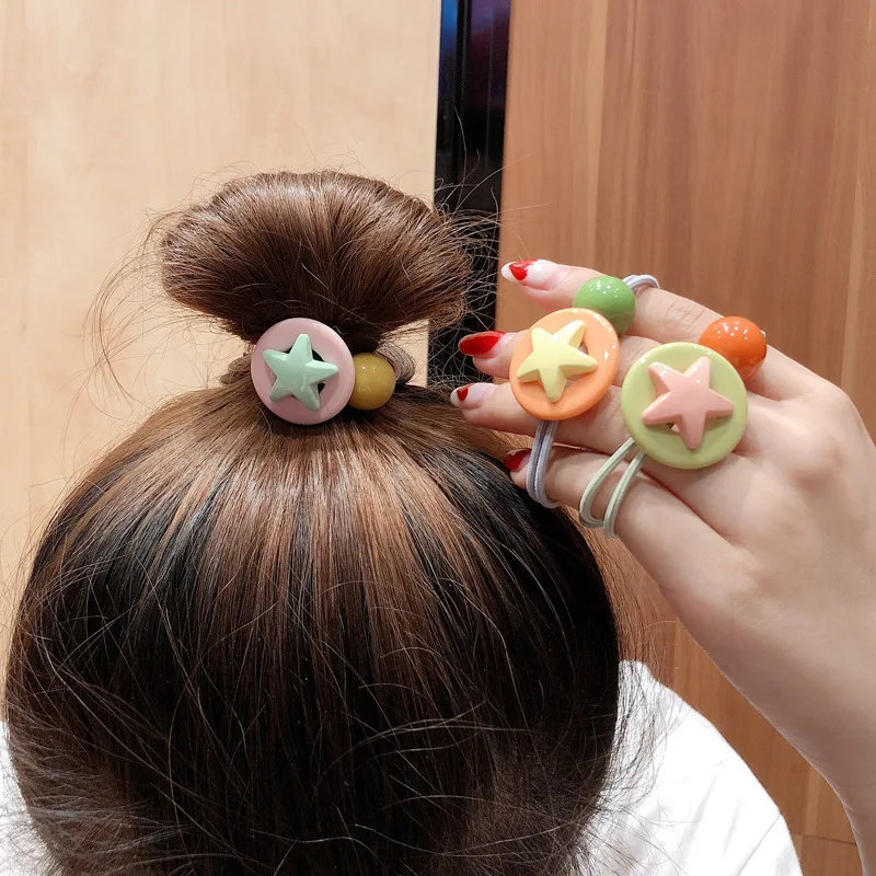

Cute Ins hair rope Korean candy colored five-pointed star tied double ball hair circle