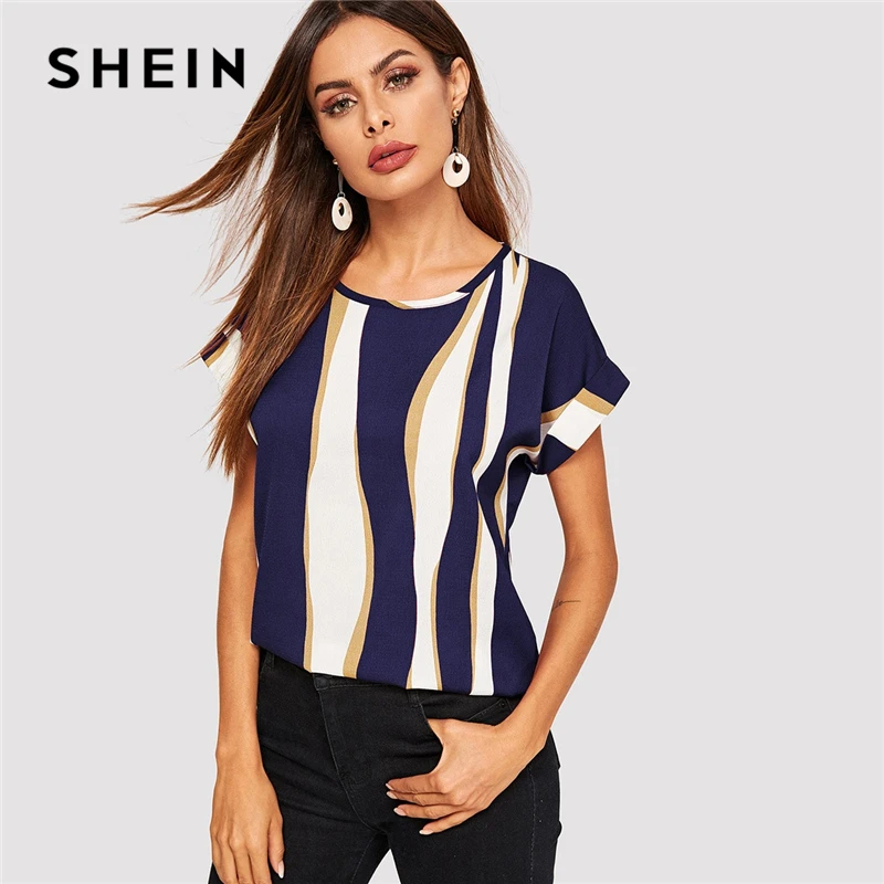 SHEIN блуза с манжетами на рукавах с цветными блоками,, Элегантная блузка с круглым вырезом и закатанными рукавами, шикарная Летняя женская блузка с коротким рукавом