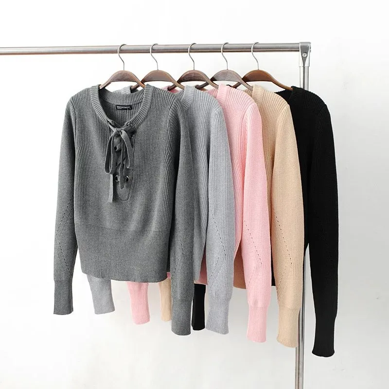 

Autumn winter knitted sweater women Long sleeve Lace up V neck pullover Sexy pink jumpers Casual slim split knitwear outwear