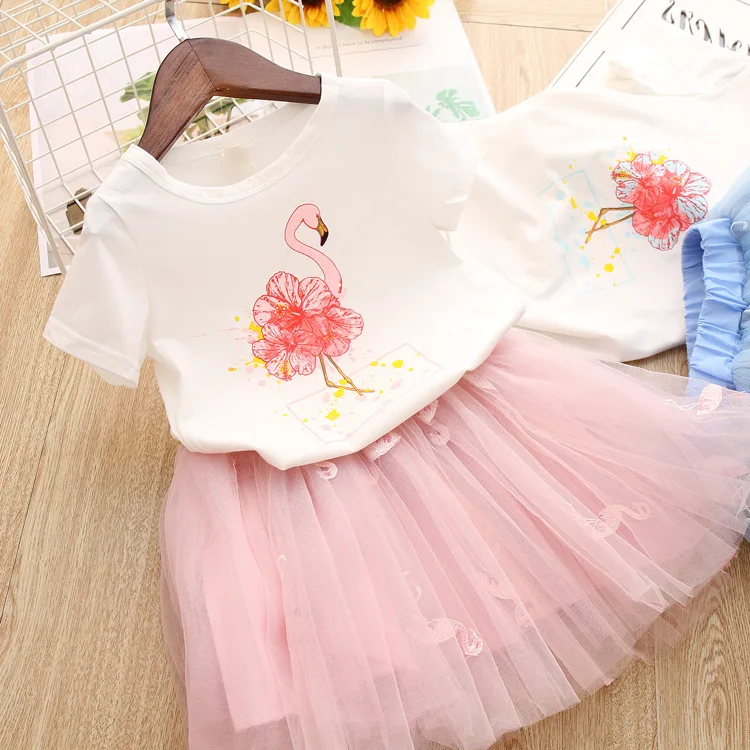 Комплект летней одежды для девочек, детская одежда футболка с изображением фламинго+ кружевная юбка одежда для маленьких детей милый комплект одежды для детей