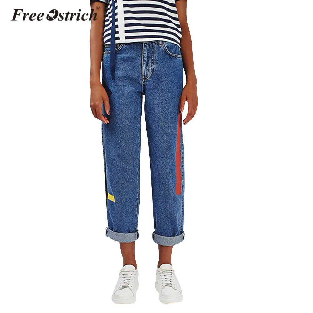 

Free Ostrich Big Size Woman Boyfriend Style Denim Jeans High Quality Wash Denim Full-length Pants High Waist Patchwork Details