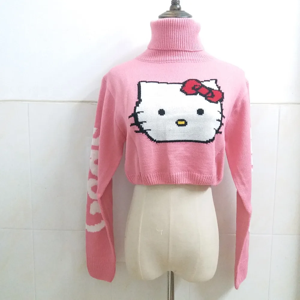 Cut Sweet 3D Cartoon Hello Kitty Pink Women's Pullovers Turtleneck Sweater Tops Long Sleeve Leaky Waist Short Knitted Sweaters