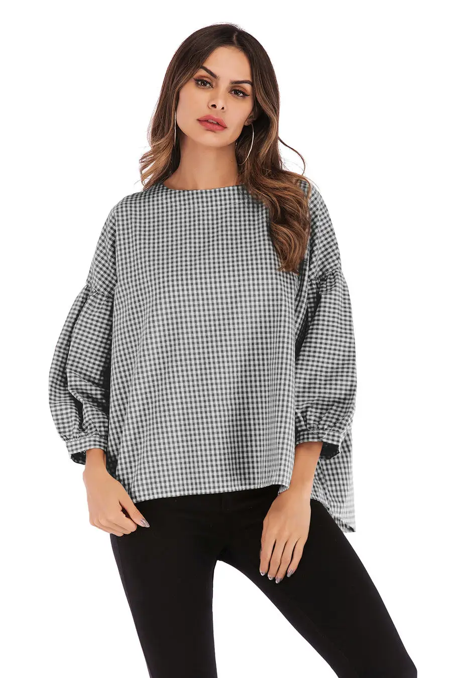 Gladiolus New 2019 Spring Plaid Shirt Women Puff Sleeve O Neck Button Loose Blouse Women Shirts Summer Casual Ladies Shirt Tops (15)