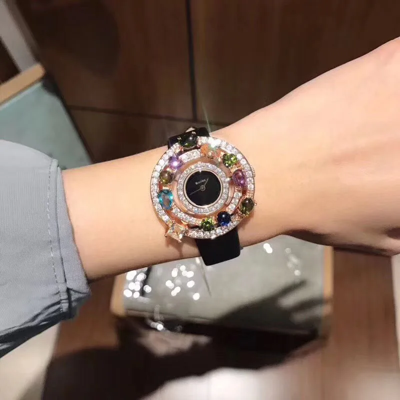 

Luxury top brand Genuine Leather watchband zircon Stone crsytal Quartz Wristwatch designer round Dial watch clock for women