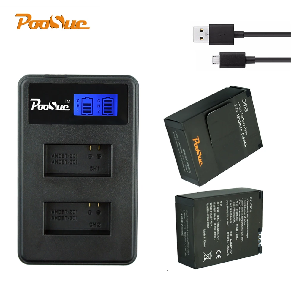 

2Pcs 1600mAh AHDBT-301 AHDBT-302 Batteries and 5V LCD Dual Charger For GoPro Hero 3+ Go Pro Hero3 plus Action camera