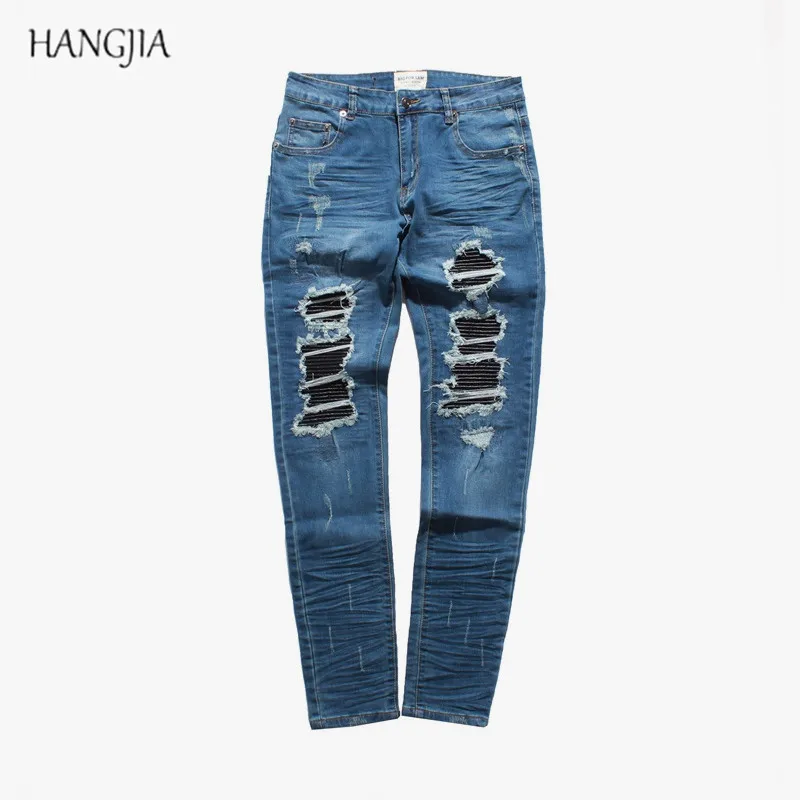 

Justin Bieber Distressed Washed Hole Skinny Jeans Four Seasons Europe and America High Street Slim Fit Ripped Jean Black/blue