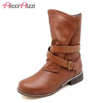 

ZALAVOR Plush Size 34-48 Women Mid Calf Boots Winter Shoes Women Fur Warm Buckle Zipper Round Toe Boots Cross Strap Footwear