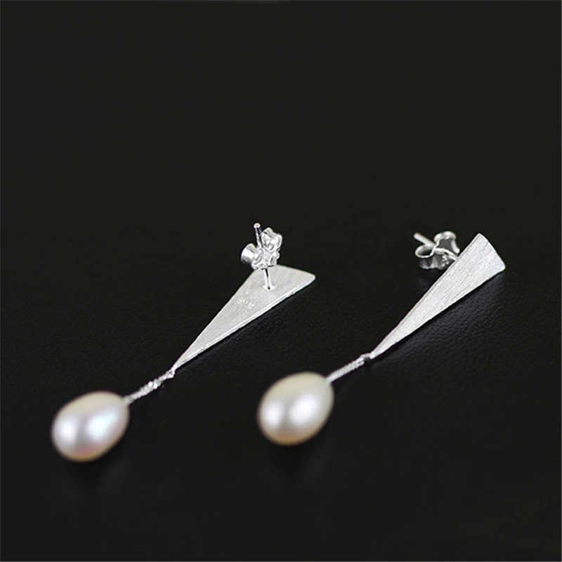 Lotus Fun Real 925 Sterling Silver Natural Pearl Original Handmade Fine Jewelry Triangle Water Drop Dangle Earrings for Women