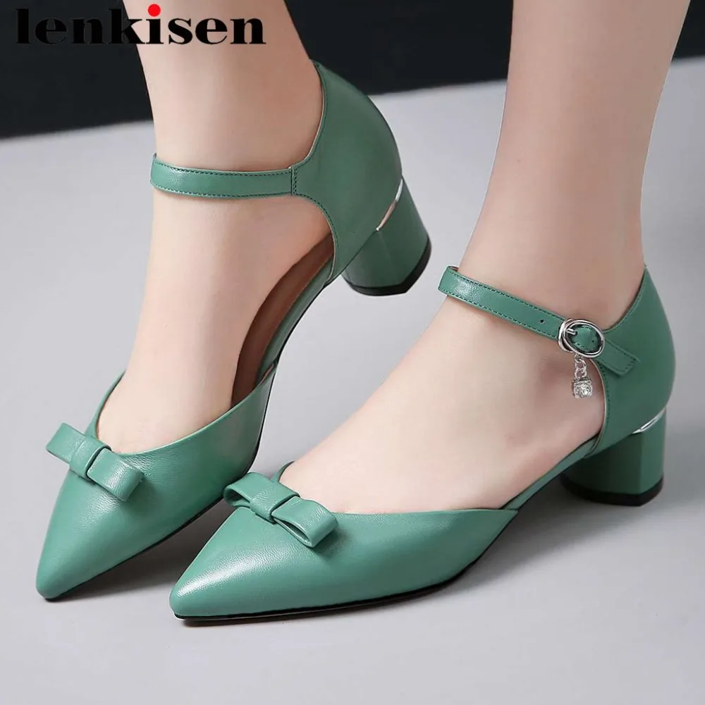 

Lenksien natural leather med heels butterfly-knot decoration plus size pointed toe women pumps large size officer shoes L5f3