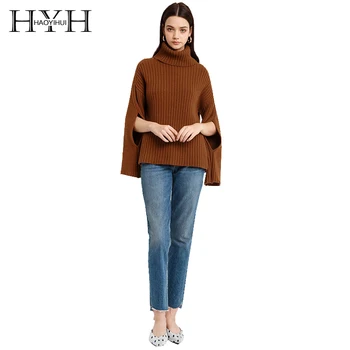 

HYH HAOYIHUI Women Turtleneck Flare Long Sleeve Solid Knitted Sweater Casual Brief Elegant Loose Autumn Pullovers for Female