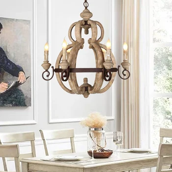 

ECOLIGHT Vintage Wood 6 Lights Chandelier Lighting Retro Iron Candle Lamp for Dining Living Room Coffee Bar E12/E14