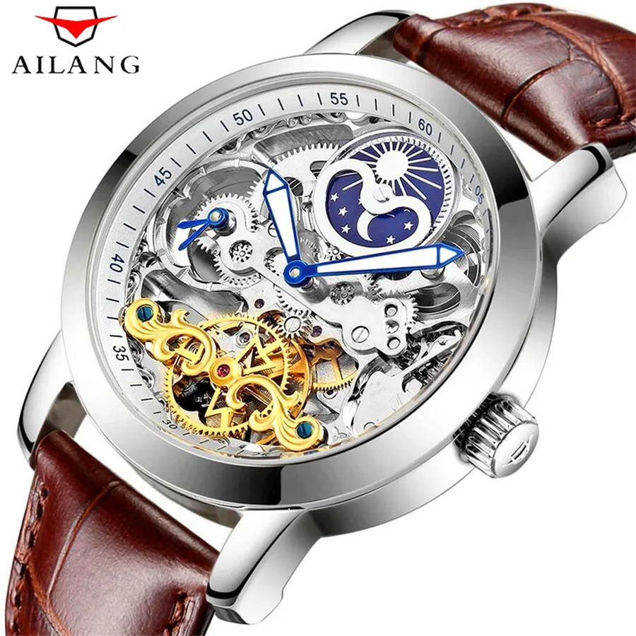 AILANG Skeleton Tourbillon модные повседневные дизайнерские механические мужские часы Топ бренд класса люкс автоматические часы мужские часы - Цвет: Genuine Leather 6