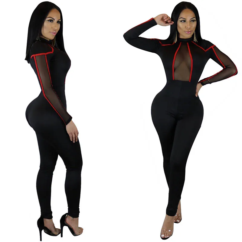 Fashion Net Yarn Splicing Turtleneck Black Jumpsuit Women Sheer Mesh Long Sleeve jumpsuit romper Bodycon Wrap Club Overall Femme (1)