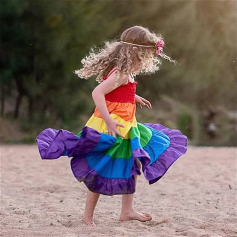 

New Fashion Children Girls Dress High Waist Lovely Girls Strappy Baby Girls Rainbow Party Princess Long Maxi Dress Clothes