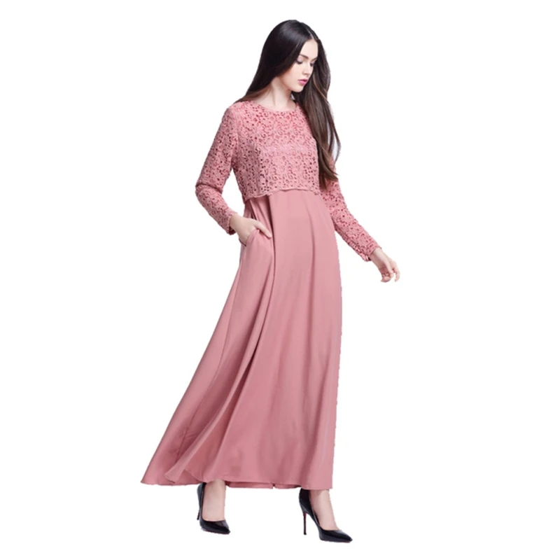 Abaya Muslim Dress Women O-Neck Lace Stitching Maxi Dress Modest Clothing Big...