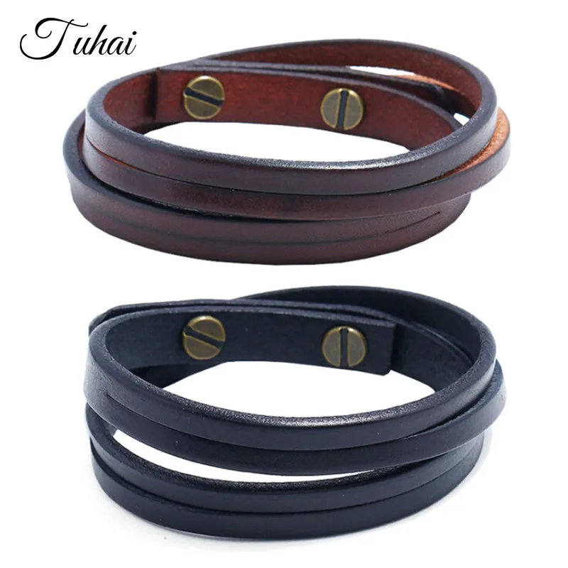 

Men Punk Style Genuine Leather Bracelet Double Layers Wrap Bracelets&Bangles Fashion Vintage Handmade Button Bracelets Jewelry