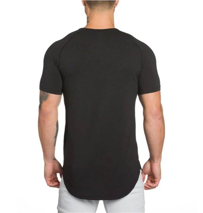 Брендовая спортивная одежда, удлиненная хип-хоп футболка для мужчин, фитнес, удлиненная футболка с фигурным подолом, футболки для бодибилдинга, летняя футболка