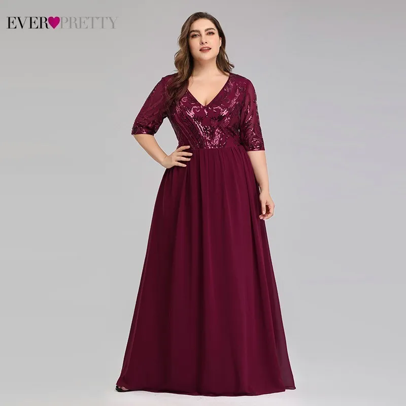 

Plus Size Burgundy Mother Of The Bride Dresses Ever Pretty EP07992BD A-Line V-Neck Sequined Lace Farsali Elegant Mother Dresses