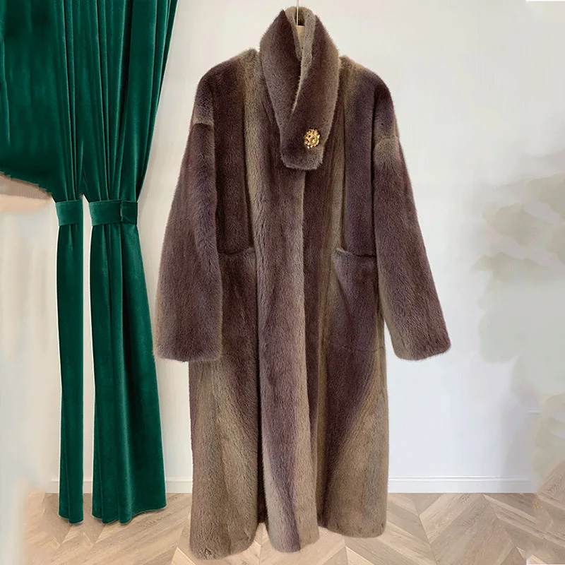 CAMEL Fang Tai Fur Женская импортная бархатная норковая шуба с круглым вырезом карманная потеря норковая шуба женская тонкая однотонная X-Long настоящая норковая шуба - Цвет: CAMEL