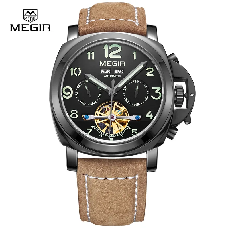 

MEGIR Automatic Self-Wind Male Leather Mechanical Mens Watch Top Brand Luxury Sport Skeleton Wrist Watch relogio masculino 2016