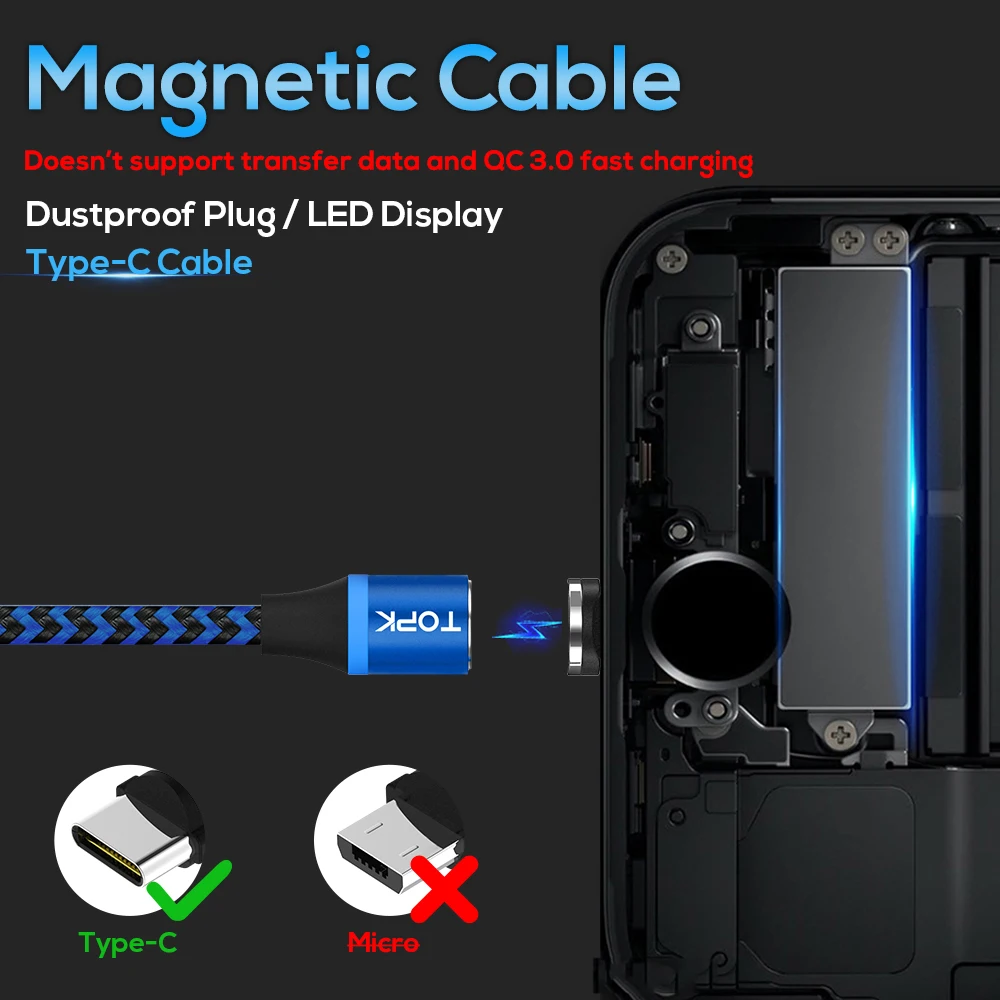 Магнитный usb кабель TOPK type C с нейлоновой оплеткой 1 м и 2 светодиодный магнитный