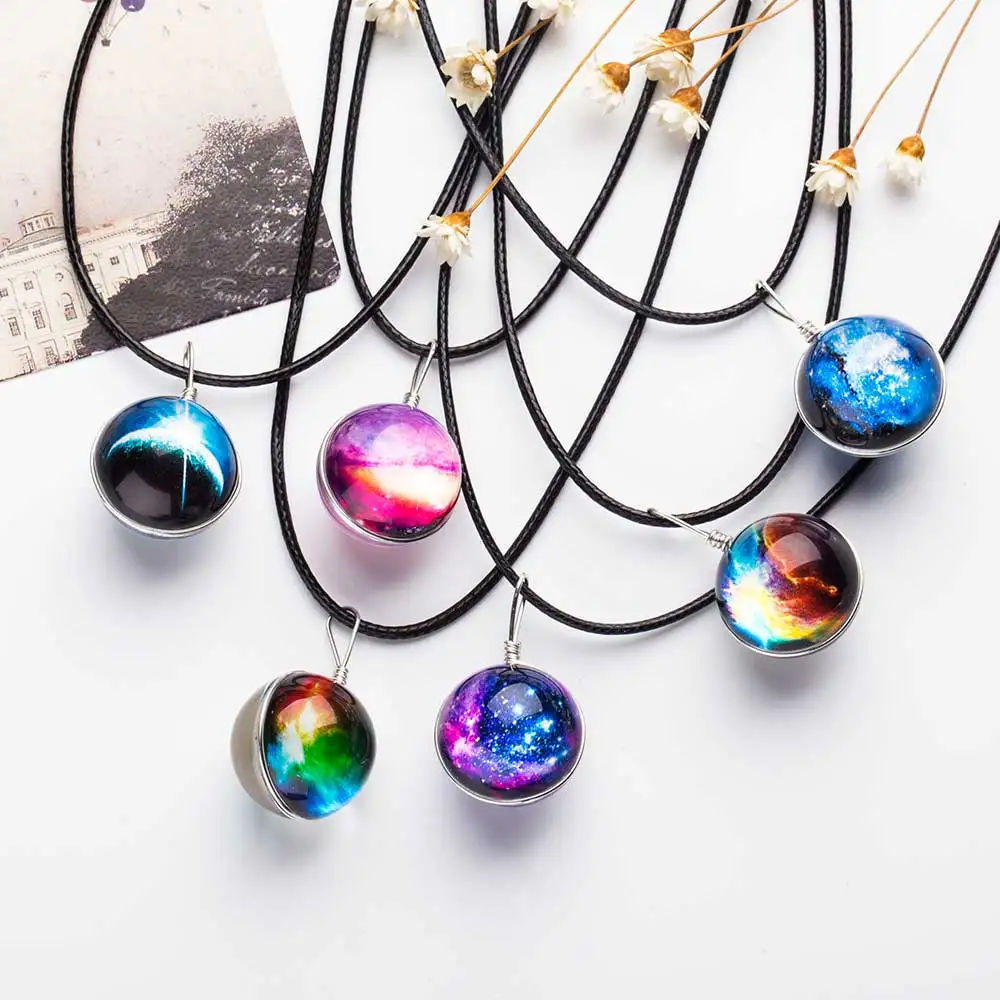 

2017 Duplex Planet Crystal Stars Ball Glass Galaxy Pattern Leather Chain Pendants Maxi Necklace Glass Galaxy Lovely Necklace