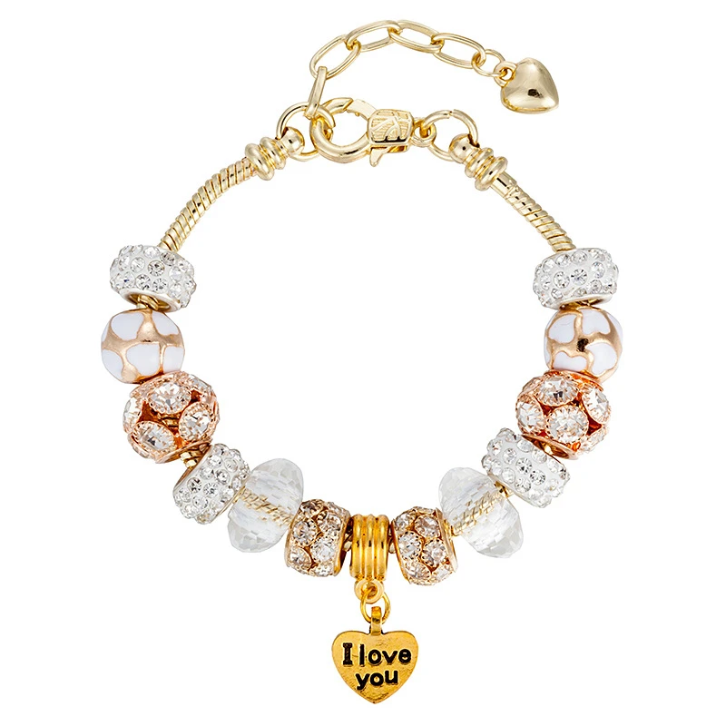 

2019 Fashion Golden color Adjustable Heart Pendant Fashion Cute Charm Pandora Bracelet With Golden Crystal / Glass Beads Female