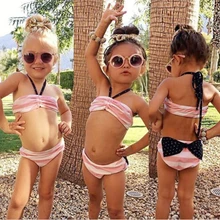 Комплект из 2 предметов, детский купальник с узлом и бантом для маленьких девочек, комплект бикини в полоску, купальник с низкой талией, летний купальный костюм для малышей новая пляжная одежда