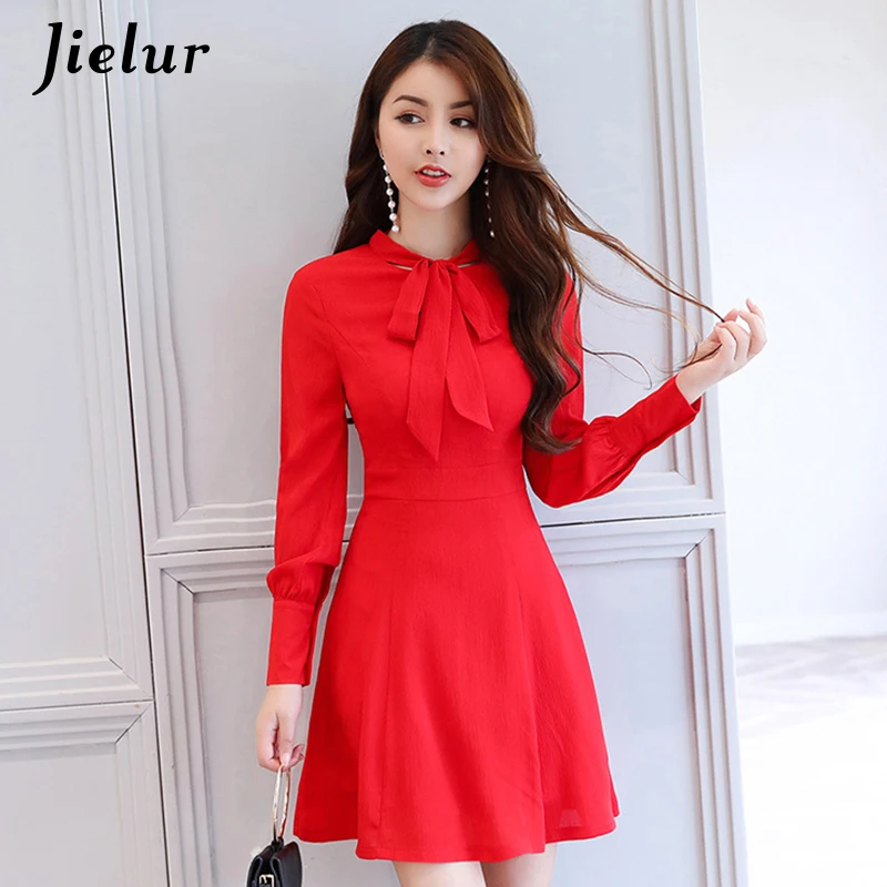 Jielur Charming Kpop Bow Elegant Dress Women A Line Sky Blue Mini Dresses Red Solid Color S-XL Slim Roupas Feminina Dropshipping Dresses