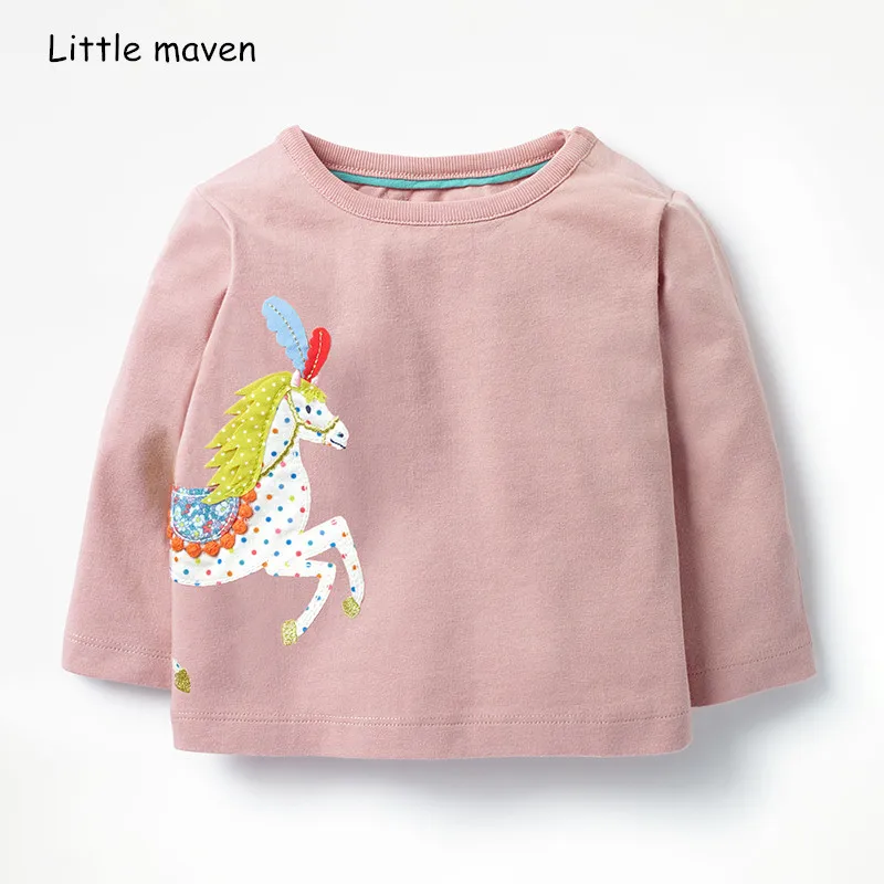 Little maven/детская брендовая одежда для маленьких девочек; Новинка г.; Осенняя хлопковая футболка с длинными рукавами и круглым вырезом для девочек; футболка с вышивкой в виде лошади; 51100