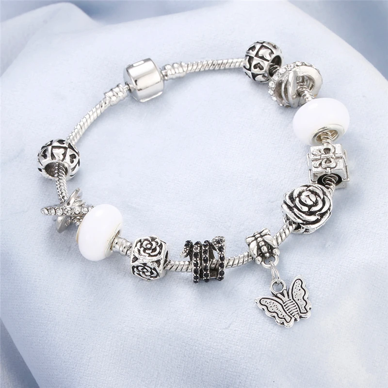 

Original Silver Crystal Bracelet Heart Flower Butterfly Beads Snap Snake Chain Charm Bracelets&Bangles Women Fashion DIY Jewelry