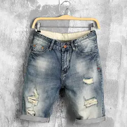 QMGOOD новые мужские короткие джинсы летние личности отверстия тонкие короткие мужские джинсы повседневные Homme модная уличная джинсовые