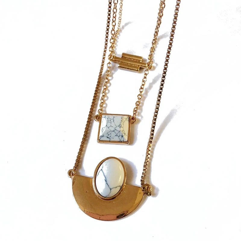 

Free Shipping Geometric White Marble Stones Collar Three Layers Pendant Necklace