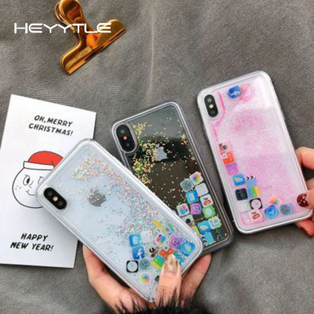 Kopen Heyytle Glitter Liquid Drijfzand Telefoon Case Voor iPhone X 8 7 6 6 s Plus Gevallen Leuke Mobiele App Pictogram patroon Back Cover Mooie Caqa